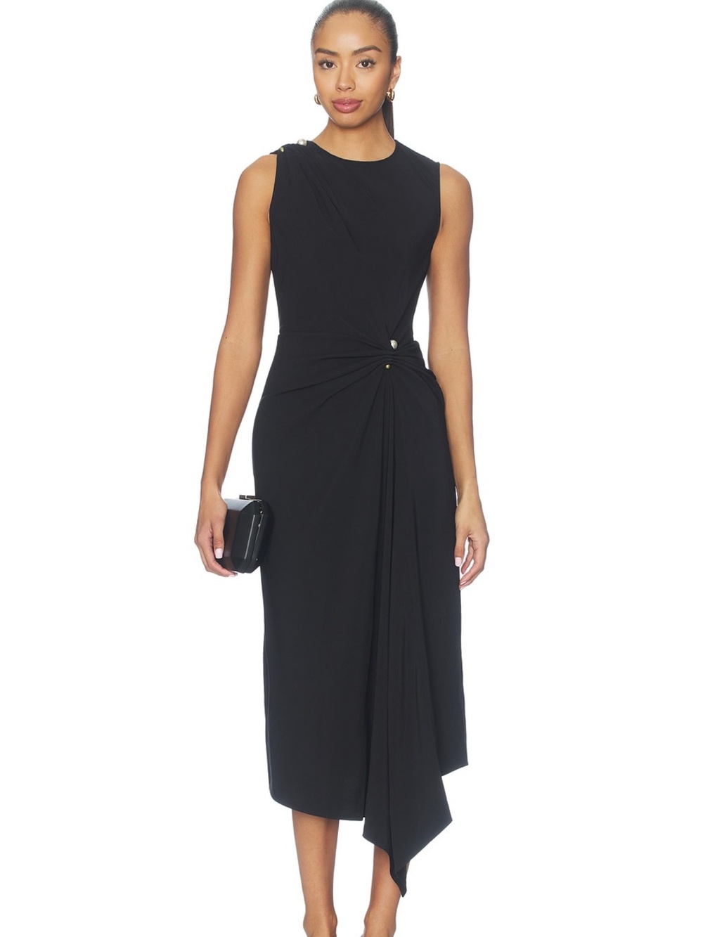 Freja Black Sleeveless Draped Midi Dress